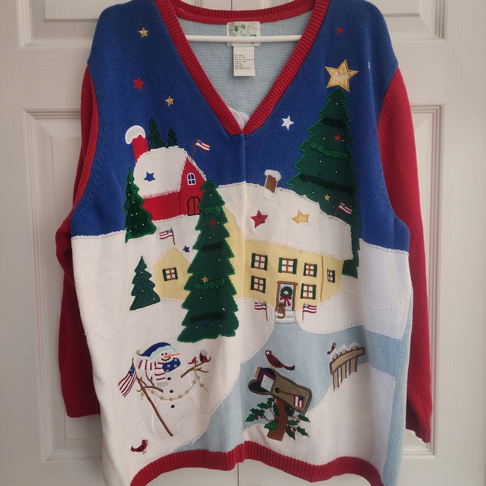 Vintage Quacker‎ Factory Christmas Patriotic Knit Cardigan Holiday Sweater, 3X